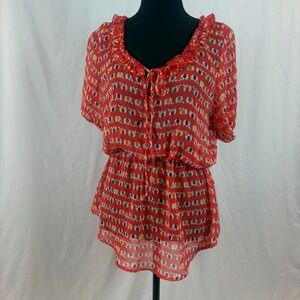 Needle & Thread Red Elephant Print Ruffle Neck Elastic Waist Chiffon Tunic‎ Top